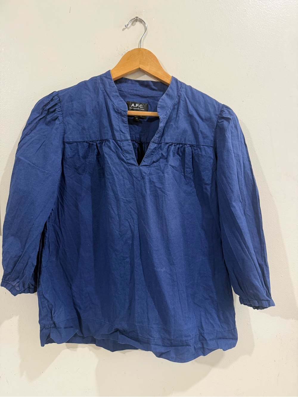 A.P.C. Deep Blue V-Split Peasant Blouse